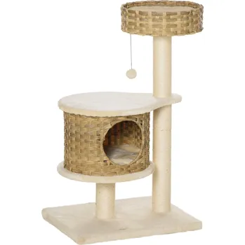 Škrabadlo PawHut z ratanu s jeskyní pro kočky a míčkem na hraní, strom pro malé kočky, přírodní a béžová barva | Aosom.de