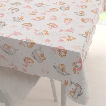 ubrus Dětský bavlněný obdélníkový ubrus Sandra SA-527 Růžové mořské panny s delfíny a velrybami na bílém 80x120 cm