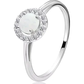 Prsten Prsten ze stříbra 925 - bílý syntetický opál, kruh se zirkony, dvojitá ramena - Velikost: 62