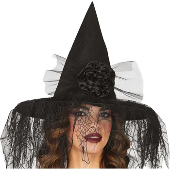 Karnevalový doplněk Guirca Čarodějnický klobouk s květinou a závojem