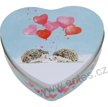 Dóza na potraviny HEDGEHOGS IN LOVE světle modrá plechová dóza srdce na čokoládu 2482 roztomilí zamilovaní ježci a červená srdíčka