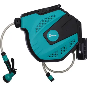 Zahradní hadice DURHAND nástěnný hadicový naviják 15 m s multifunkční sprchou otočný o 180° ochrana proti mrazu -5 až 45 °C plast zelená černá | Aosom.de