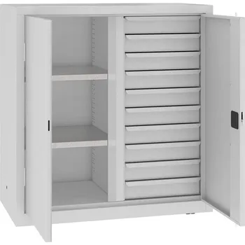 Dílenská skříň s vertikální dělící stěnou, 2 police, 10 zásuvek, v x š x h: 1040x1000x500 mm, barva šedá RAL7035