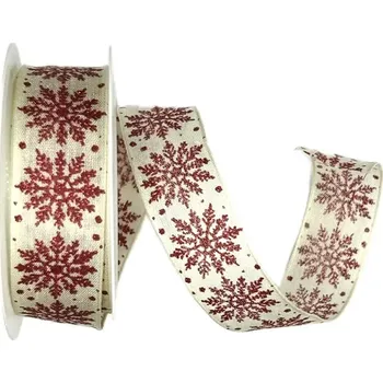 Stuha Stuha vánoční SNOWPEARL CREAM krémová 25mm x 2m (13,-Kč/m) (Vánoční stuha bavlněná, krémová, červený potisk, s drátkem v lemu)