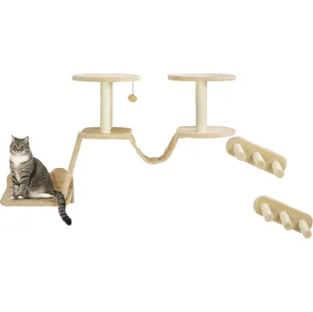 PAWHUT Nástěnný pelíšek pro kočky se škrabadlem a mostkem 5D béžová