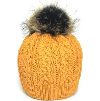 Čepice Dámská čepice IWA s bambulí z pravé kožešiny hořčicová, VELIKOST UNI