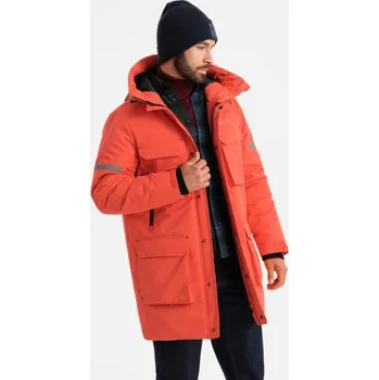 Pánská casual bunda Pánská dlouhá zateplená bunda s reflexními prvky - oranžová V1
