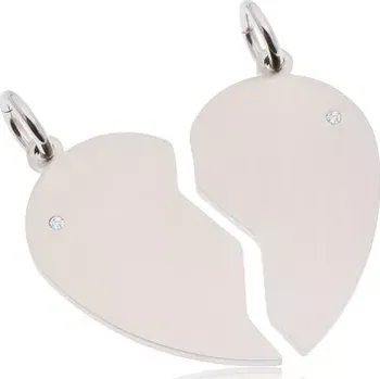 Přívěsek Dva přívěsky z chirurgické oceli stříbrné barvy, matné rozpůlené srdce, zirkony