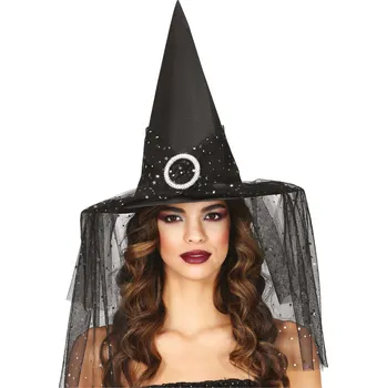 Karnevalový doplněk Guirca Čarodějnický klobouk se závojem a hvězdami