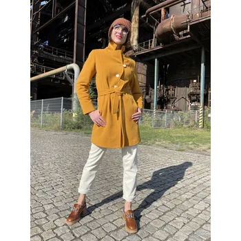 Dámský kabát Kabát La Gabriella 5343-148 šafránově žlutý s vazačkou Velikost: 38