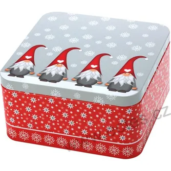 Dóza na potraviny XMAS GNOMES plechová dóza na cukroví 3433 fousatí skřítci s červenou čapkou na sněhu a vločky