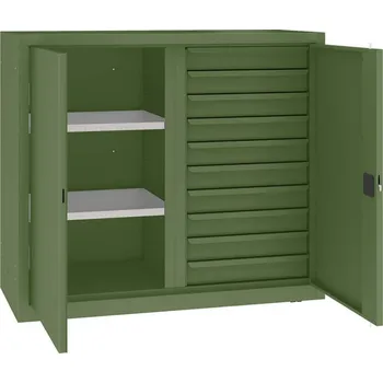 Dílenská skříň s vertikální dělící stěnou, 2 police, 10 zásuvek, v x š x h: 1040x1200x500 mm, barva zelená RAL6011