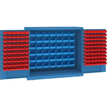 Zásobníková skříň, 42 x velké a 120 x malé závěsné boxy, v x š x h: 1040 x 1200 x 500 mm, barva modrá RAL5012