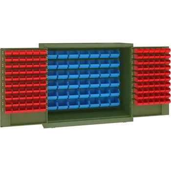 Zásobníková skříň, 42 x velké a 120 x malé závěsné boxy, v x š x h: 1040 x 1200 x 500 mm, barva zelená RAL6011