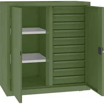 Dílenská skříň s vertikální dělící stěnou, 2 police, 10 zásuvek, v x š x h: 1040x1000x500 mm, barva zelená RAL6011