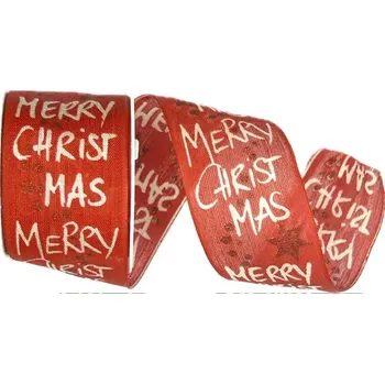 Stuha Vánoční stuha látková MERRY CHRISTMAS RED červená 40mm x 2m (7,50 Kč/m) ( Vánoční stuha látková, jednostranný potisk, s drátkem)