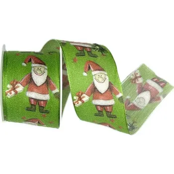 Stuha Stuha vánoční SANTA S DÁRKEM zelená 40mm x 2m (7,50Kč/m) (Stuha vánoční, bavlněná, jednostranný potisk, s vlascem v okrajích)