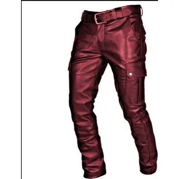 Pánské motorkářské kalhoty koženého vzhledu Barva: Vínová, Velikost: 5XL