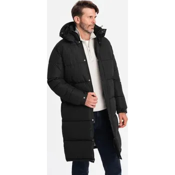 Pánská prošívaná dlouhá bunda s odepínací kapucí - černá V1
