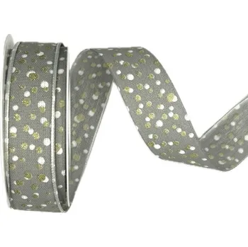 Stuha Stuha vánoční STARDUST GREY šedá 25mm x 2m (12,-Kč/m) (Stuha látková, pastelově šedá, zlatý potisk, s vetkaným vlascem)