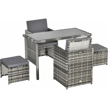 Zahradní sestava Outsunny polyratanová sedací souprava pro 4 osoby, jídelní set zahradní souprava s polštáři, šedá, odolná proti povětrnostním vlivům a stylová pro zahradu a terasu | Aosom.de