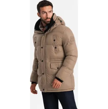 Pánská casual bunda Pánská dlouhá péřová bunda s kapsami na patentky - hnědá V2