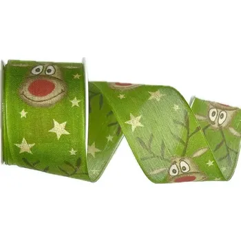 Stuha Stuha vánoční RED NOSE RUDI GREEN zelená 40mm x 2m (13,-Kč/m) (Stuha vánoční, bavlněná, potisk, s drátkem v lemu)