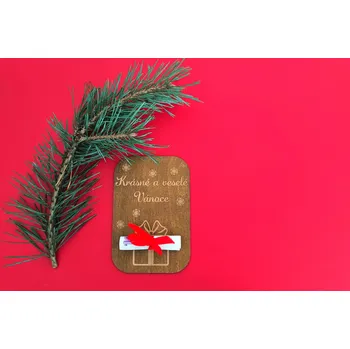 Samolepící dekorace Lepy.cz Dřevěné vánoční přání - Dáreček Velikost (šířka x výška): 10x15cm, Barevná varianta: Ořech
