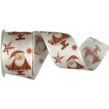 Stuha Stuha vánoční HAPPY SANTA bílá 40mm x 2m (13,-Kč/m) (Vánoční stuha taftová, jednostranný potisk Santa, s vlascem)