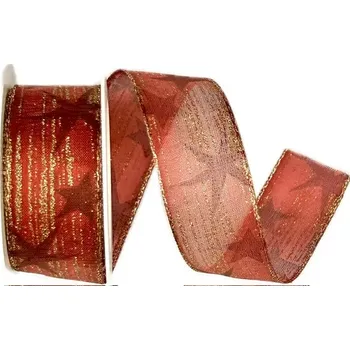 Stuha Vánoční stuha organzová RED STARS 25mm x 2m (12,-Kč/m) ( Vánoční stuha organzová, oboulící, zlatý okraj, s drátkem)