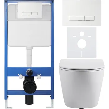 WC sada CERANO - Kompletní podomítkový WC set Lite/Cesso - bílá matná - WC tlačítko Slim, bílé - předstěnová instalace/sádrokarton - 49x36 cm