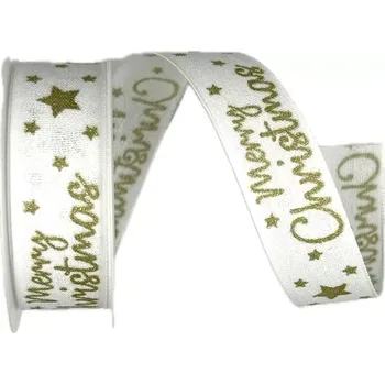 Stuha Stuha vánoční MERRY CHRISTMAS WHITE bílá 25mm x 2m (12,-Kč/m) (Stuha vánoční, bavlněná, bílá, plastický jednostranný potisk , s vlascem v lemu)