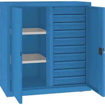 Dílenská skříň s vertikální dělící stěnou, 2 police, 10 zásuvek, v x š x h: 1040x1000x500 mm, barva modrá RAL5012