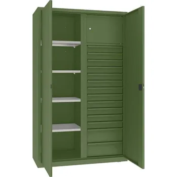 Dílenská skříň s vertikální dělící stěnou, 4 police, 14 zásuvek, v x š x h: 1990x1200x500 mm, barva zelená RAL6011