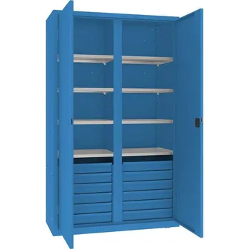 Dílenská skříň s vertikální dělící stěnou, 6 polic, 12 zásuvek, v x š x h: 1990x1200x500 mm, barva modrá RAL5012