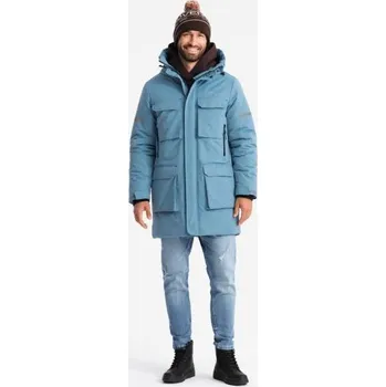 Pánská zateplená dlouhá bunda s reflexními prvky - modrá V4