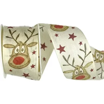 Stuha Stuha vánoční RED NOSE RUDI krémová 40mm x 2m (13,-Kč/m) (Stuha vánoční, bavlněná, potisk, s drátkem v lemu)