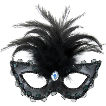 Karnevalový doplněk Party Pal Škraboška černá s diamantem a peřím, 18 x 15 cm