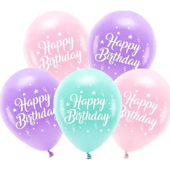 PartyDeco Eco balónky růžové, fialové a tyrkysové Happy Birthday (5 ks)