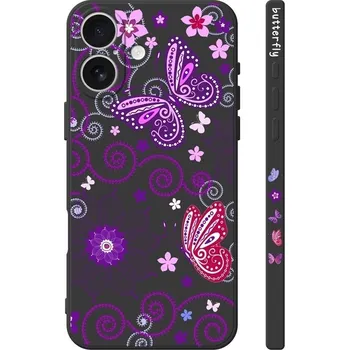 Pouzdro na mobilní telefon Kryt Design iPhone 16 Fialoví motýlci černý (obal neboli pouzdro na iPhone 16)