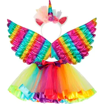 Vícebarevný kostým jednorožce - sukně, čelenka, křídla