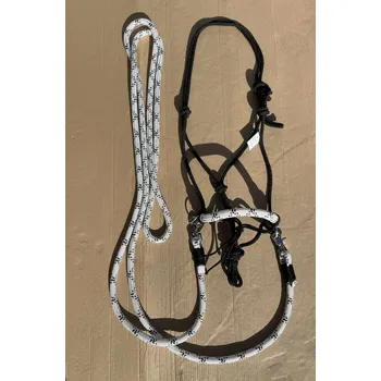 Sedlářská výroba Provazová ohlávka jezdecká s otěžemi, Černobílá FULL