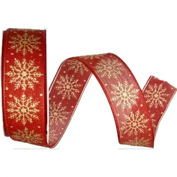 Stuha Stuha vánoční SNOWPEARL RED červená 25mm x 2m (13,-Kč/m) (Vánoční stuha bavlněná, červená, zlatý potisk, s drátkem v lemu)