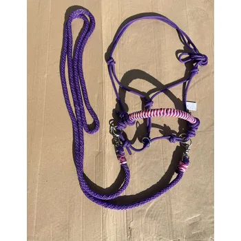Sedlářská výroba Provazová ohlávka jezdecká s otěžemi, Fialovorůžová FULL