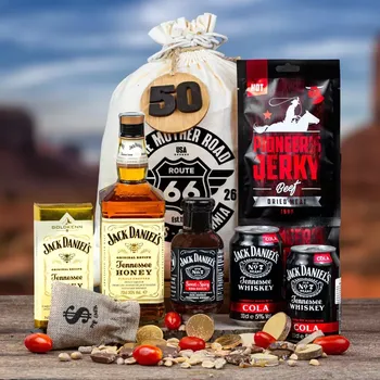 Dárkový potravinový koš Dárkový koš v pytli pro muže, chlapa Jack Daniel's Honey originální dárek pro muže k narozeninám, vánocům, valentýnu Dollar
