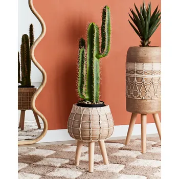 Květináč Stojan na rostliny světle hnědý magnezium kulatý masivní dřevěný podstavec vysoký květináč doplňky obývací pokoj Beliani