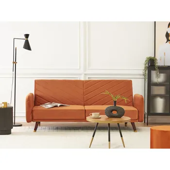 Pohovka oranžová sametová 3místná rozkládací pohovka s funkcí spaní, styl retro Beliani
