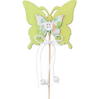 Zápich dřevo motýl+špejle, zelená, barevná, 75x70 mm