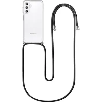 Pouzdro na mobilní telefon Kryt Samsung A14 5G s černou šňůrkou průhledný (obal neboli pouzdro na Samsung A14 5G)