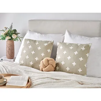 Polštář Sada 2 dekoračních polštářů taupe bavlněné povlaky na polštáře se vzorem čtvercové polštáře 45 x 45 cm Beliani